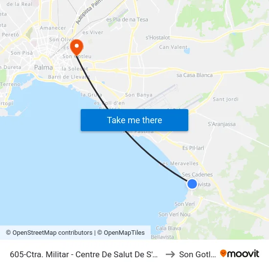 605-Ctra. Militar - Centre De Salut De S'Arenal to Son Gotleu map