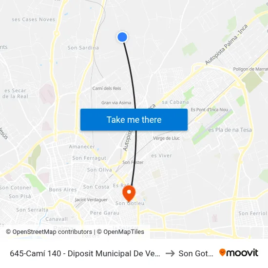 645-Camí 140 - Diposit Municipal De Vehicles to Son Gotleu map