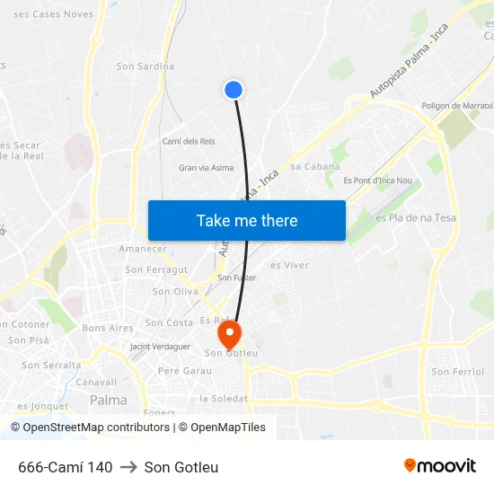 666-Camí 140 to Son Gotleu map