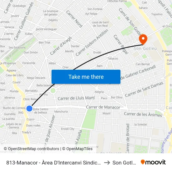 813-Manacor - Àrea D'Intercanvi Sindicat to Son Gotleu map
