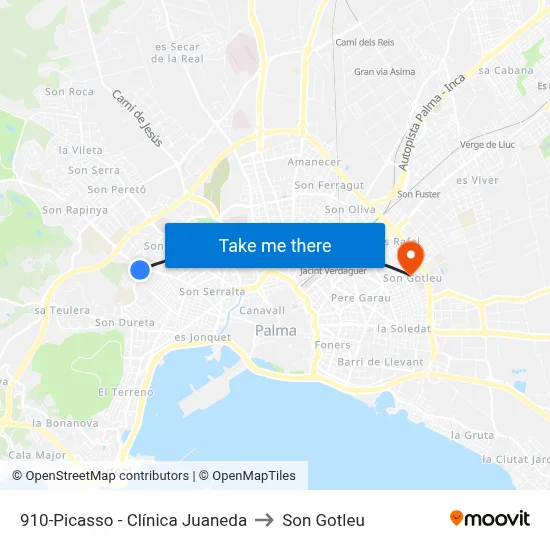910-Picasso - Clínica Juaneda to Son Gotleu map