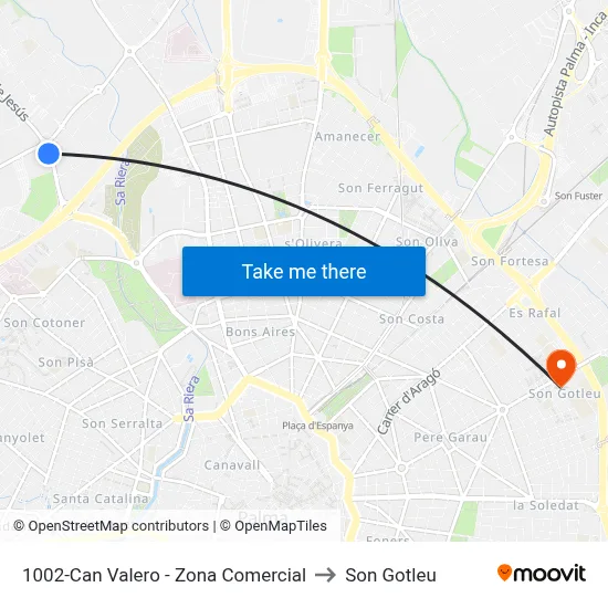 1002-Can Valero - Zona Comercial to Son Gotleu map