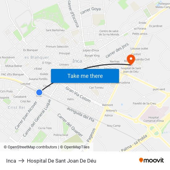 Inca to Hospital De Sant Joan De Déu map