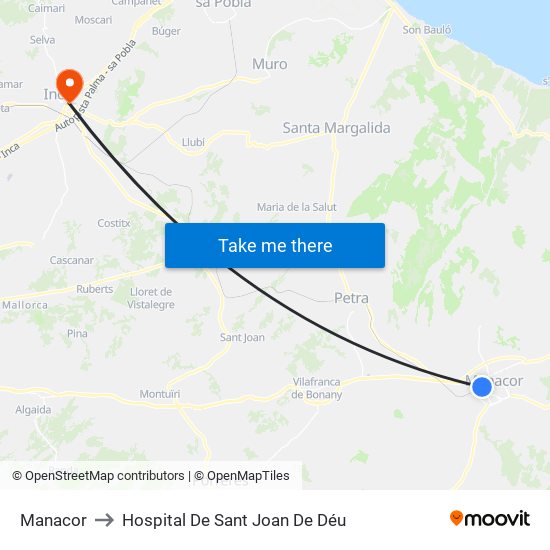 Manacor to Hospital De Sant Joan De Déu map