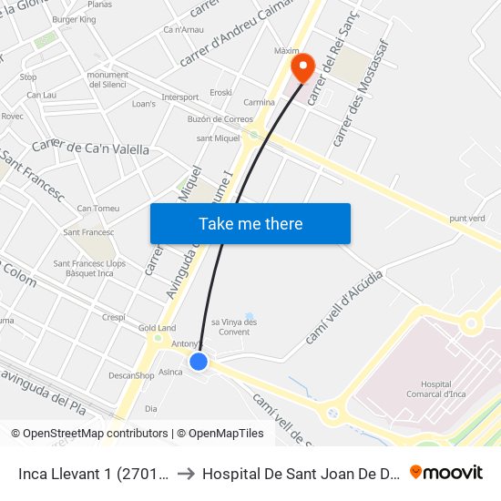 Inca Llevant 1 (27014) to Hospital De Sant Joan De Déu map