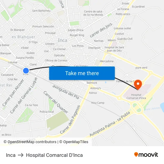 Inca to Hospital Comarcal D'Inca map