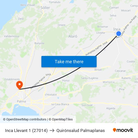 Inca Llevant 1 (27014) to Quirónsalud Palmaplanas map