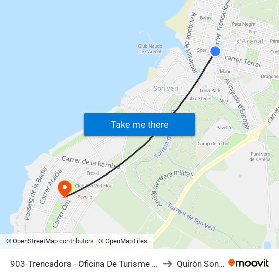903-Trencadors - Oficina De Turisme De S'Arenal to Quirón Son Verí map