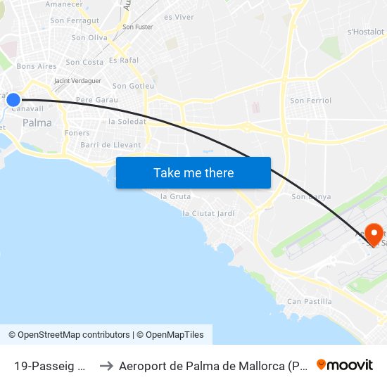 19-Passeig Mallorca - Instituts to Aeroport de Palma de Mallorca (PMI) (Aeropuerto de Palma de Mallorca) map