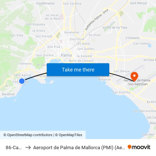 86-Cas Català to Aeroport de Palma de Mallorca (PMI) (Aeropuerto de Palma de Mallorca) map