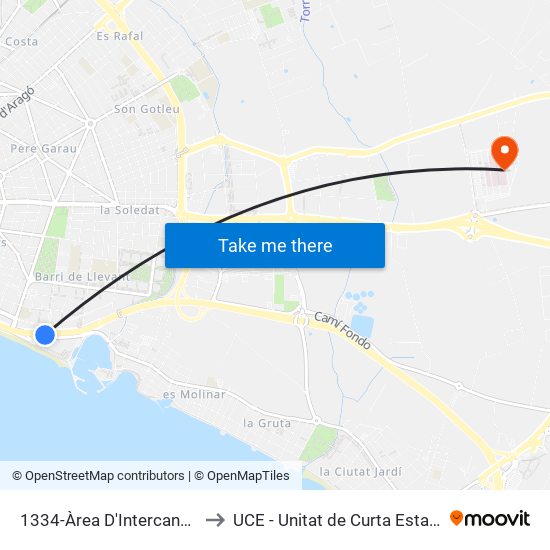 1334-Àrea D'Intercanvi Palau De Congressos to UCE - Unitat de Curta Estada / Observació Urgències map