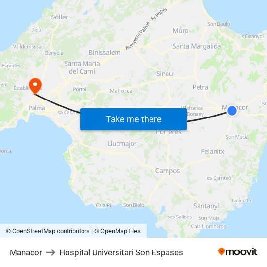 Manacor to Hospital Universitari Son Espases map