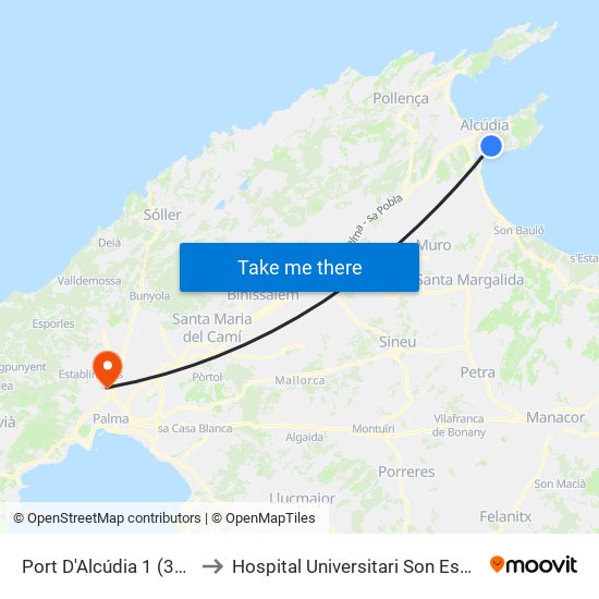 Port D'Alcúdia 1 (3054) to Hospital Universitari Son Espases map