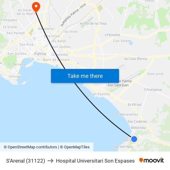 S'Arenal (31122) to Hospital Universitari Son Espases map