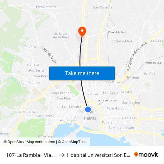 107-La Rambla - Via Roma to Hospital Universitari Son Espases map