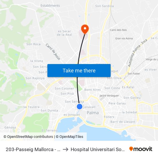 203-Passeig Mallorca - Jaume III to Hospital Universitari Son Espases map