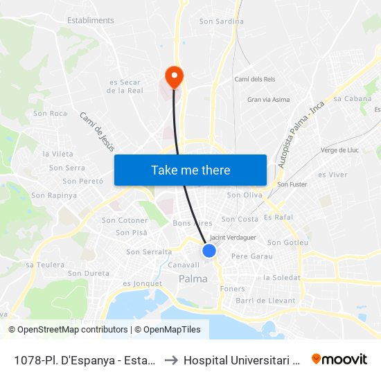 1078-Pl. D'Espanya - Estació Intermodal to Hospital Universitari Son Espases map