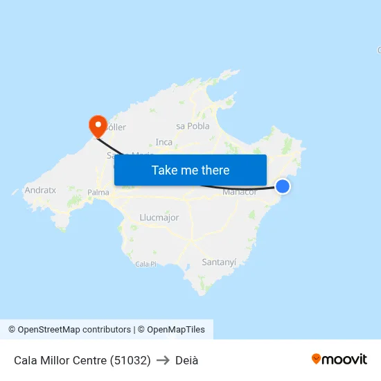 Cala Millor Centre (51032) to Deià map