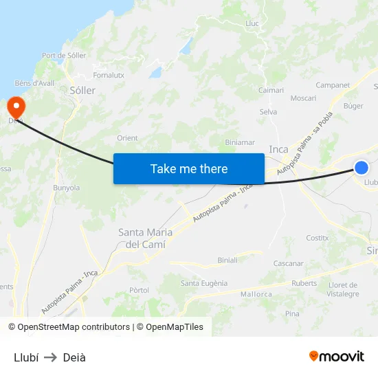 Llubí to Deià map