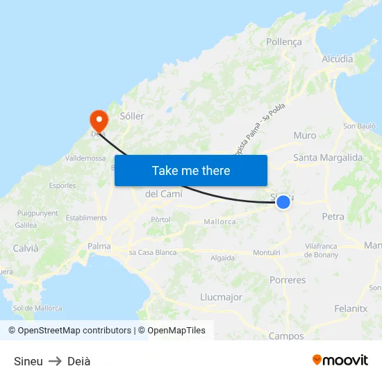 Sineu to Deià map