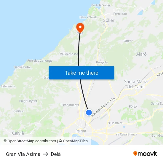 Gran Via Asima to Deià map