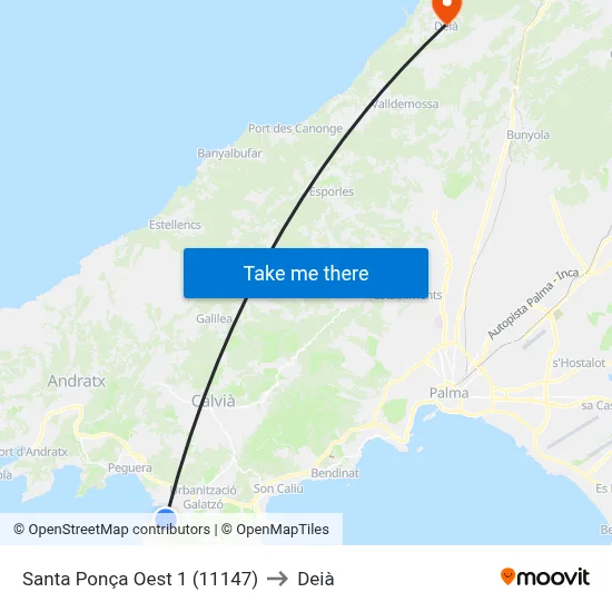 Santa Ponça Oest 1 (11147) to Deià map