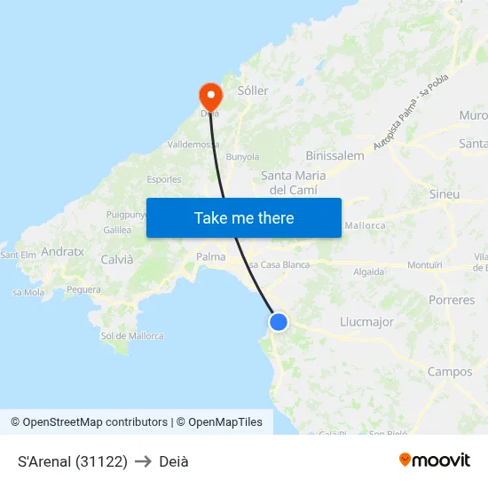 S'Arenal (31122) to Deià map