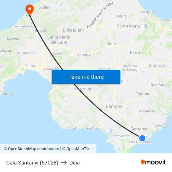 Cala Santanyí (57028) to Deià map