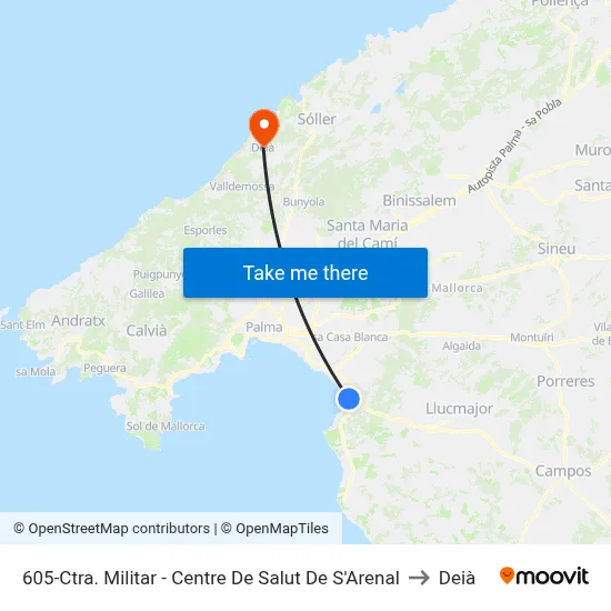605-Ctra. Militar - Centre De Salut De S'Arenal to Deià map
