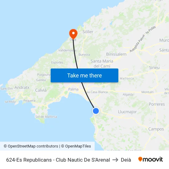 624-Es Republicans - Club Nautic De S'Arenal to Deià map