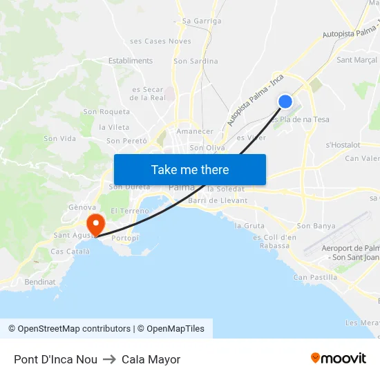 Pont D'Inca Nou to Cala Mayor map