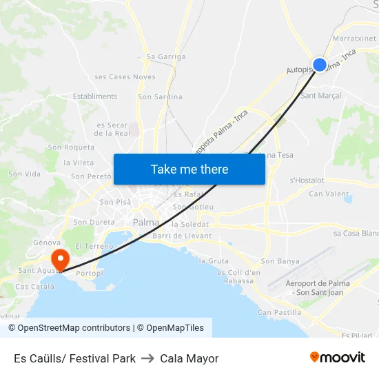 Es Caülls/ Festival Park to Cala Mayor map