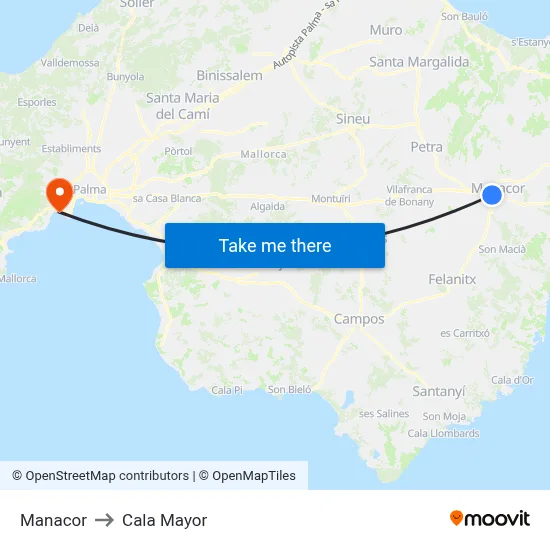 Manacor to Cala Mayor map