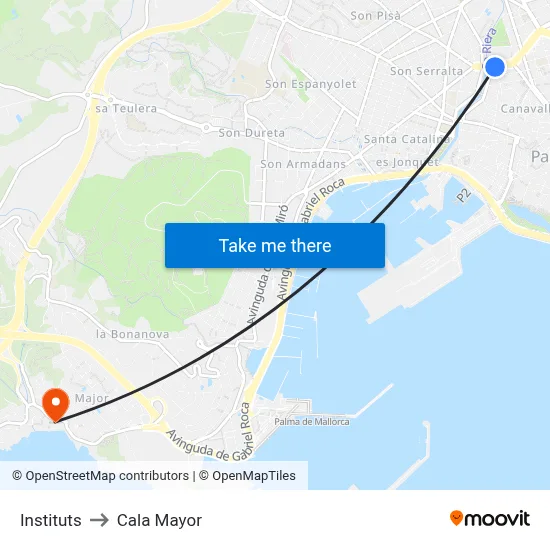 Instituts to Cala Mayor map