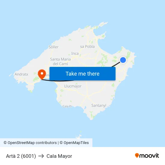 Artà 2 (6001) to Cala Mayor map