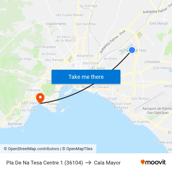 Pla De Na Tesa Centre 1 (36104) to Cala Mayor map