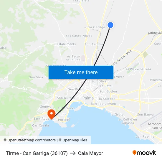 Tirme - Can Garriga (36107) to Cala Mayor map