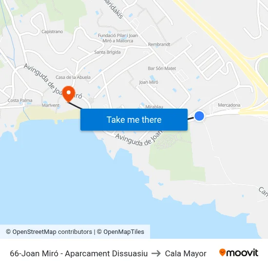 66-Joan Miró - Aparcament Dissuasiu to Cala Mayor map