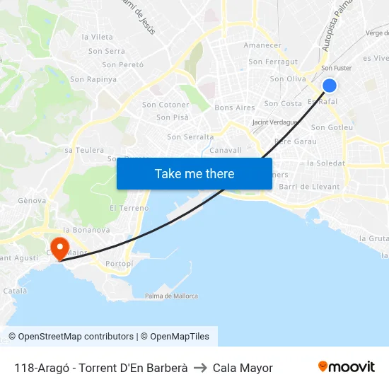 118-Aragó - Torrent D'En Barberà to Cala Mayor map