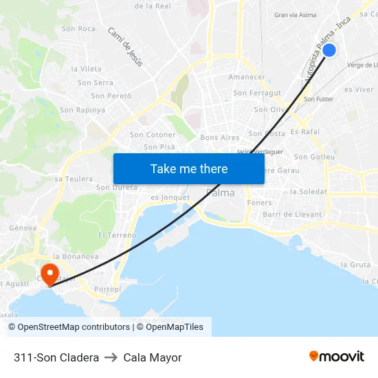 311-Son Cladera to Cala Mayor map