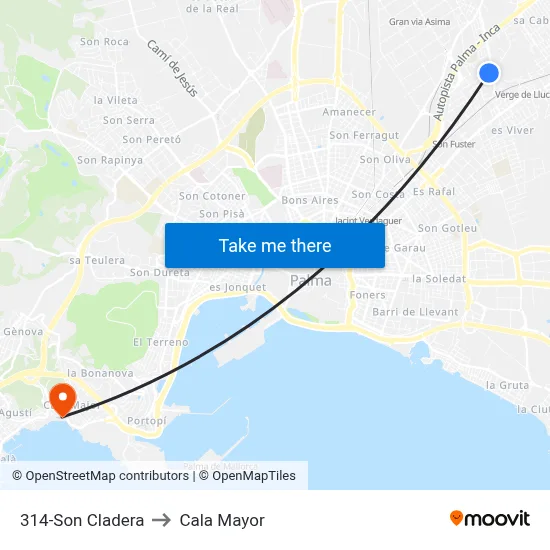 314-Son Cladera to Cala Mayor map