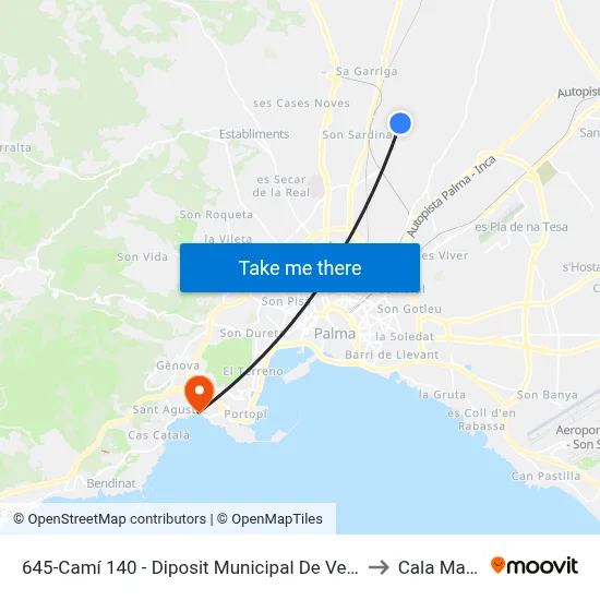 645-Camí 140 - Diposit Municipal De Vehicles to Cala Mayor map