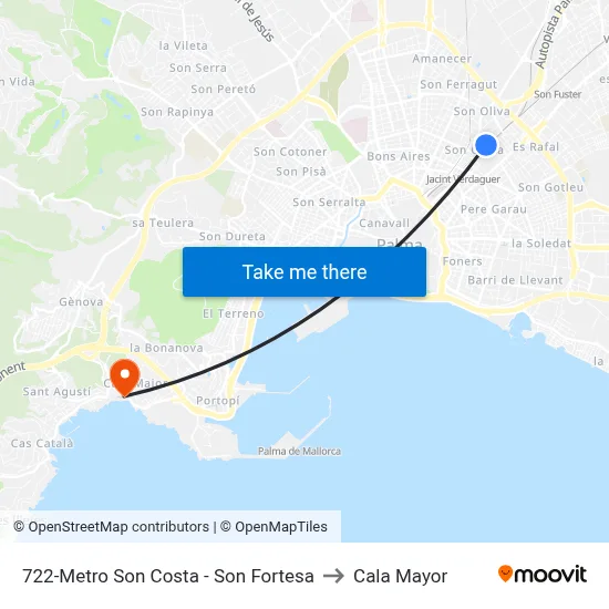 722-Metro Son Costa - Son Fortesa to Cala Mayor map