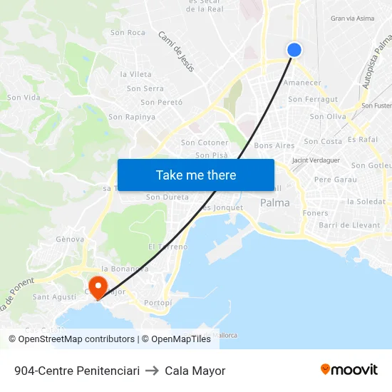 904-Centre Penitenciari to Cala Mayor map
