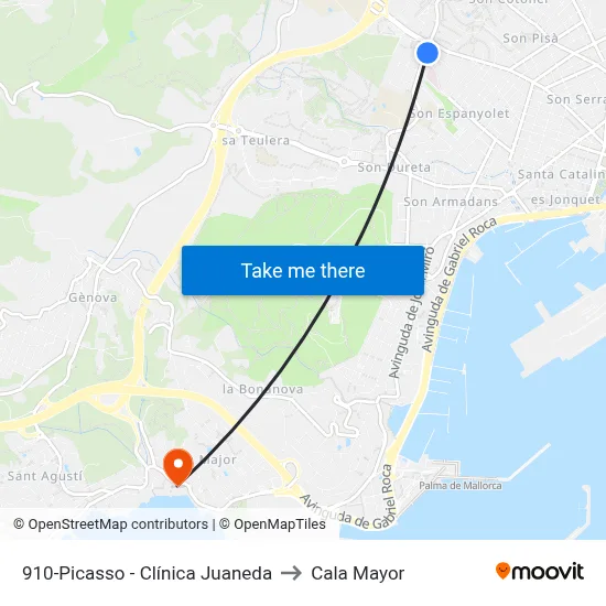 910-Picasso - Clínica Juaneda to Cala Mayor map