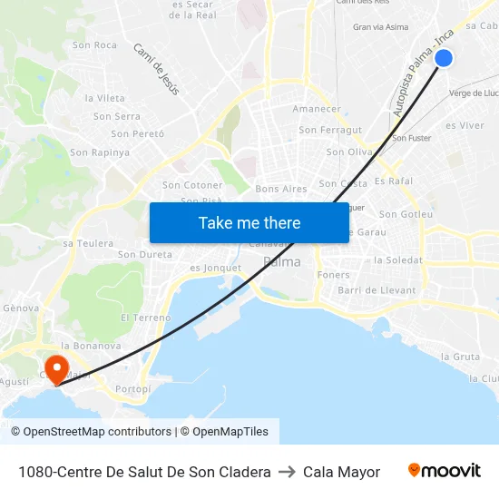 1080-Centre De Salut De Son Cladera to Cala Mayor map