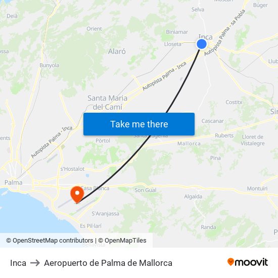 Inca to Aeropuerto de Palma de Mallorca map