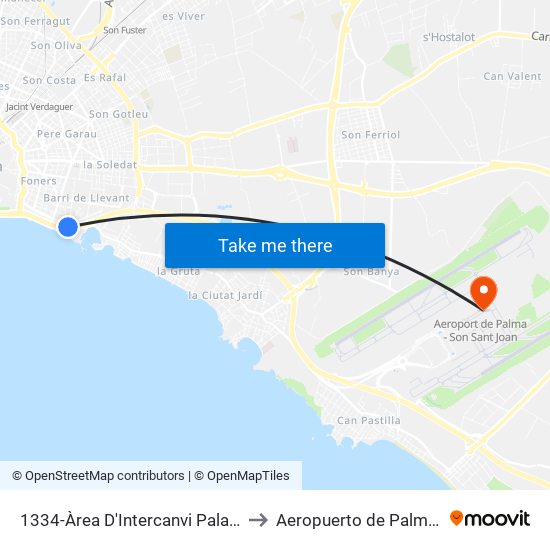 1334-Àrea D'Intercanvi Palau De Congressos to Aeropuerto de Palma de Mallorca map
