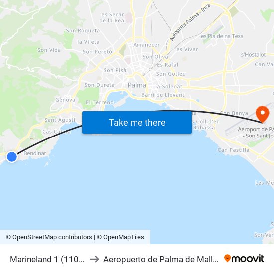 Marineland 1 (11019) to Aeropuerto de Palma de Mallorca map