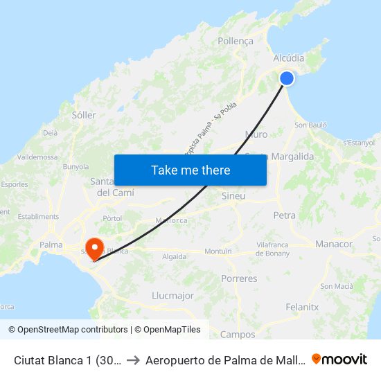 Ciutat Blanca 1 (3060) to Aeropuerto de Palma de Mallorca map